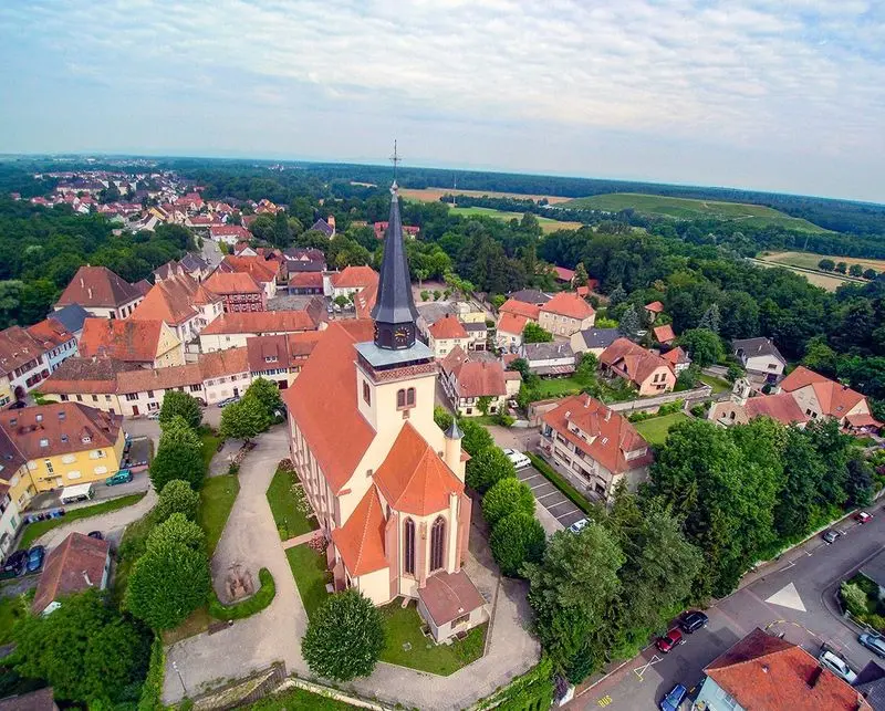 Aerial view of Lauterbourg and its church in Alsace, France